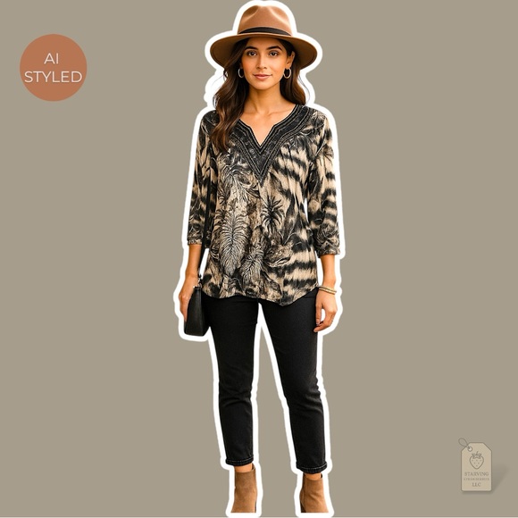 Susan Bristol Animal Print Tunic Top Bling V-Neck Tiger Zebra Blouse – XL - Picture 1 of 9